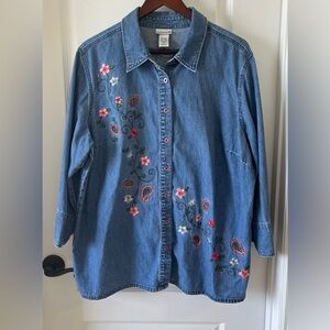 Fashion Bug Size 18/20 Denim Cotton Embroidered Floral Button-Up 3/4 Sle…